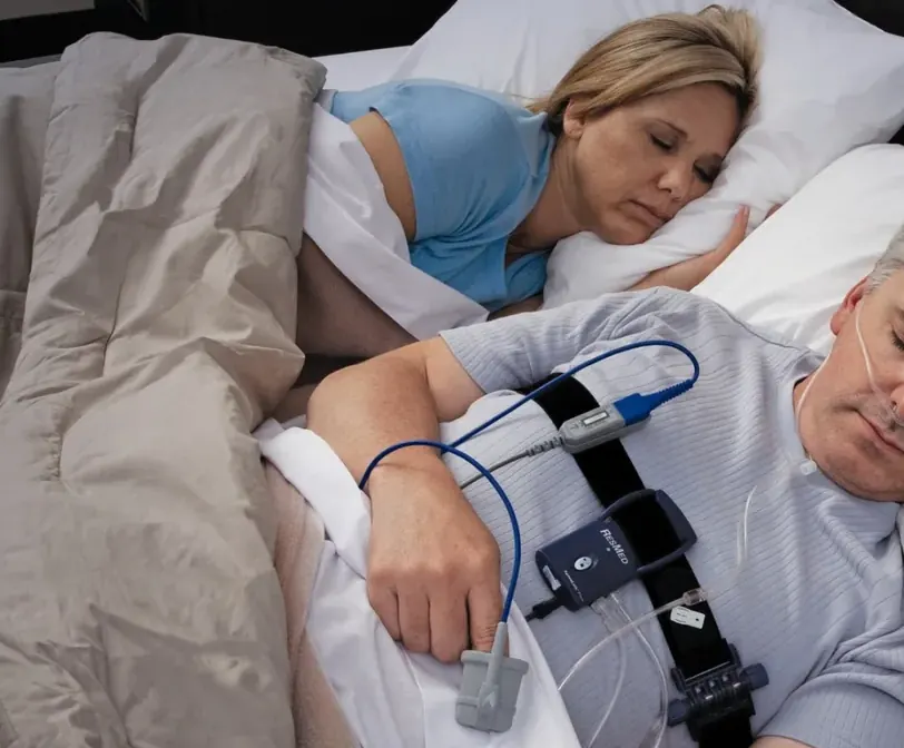 Close view of a home sleep study monitor used to record breathing overnight